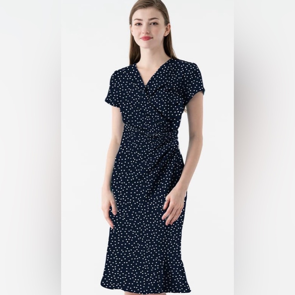 Kayme Japan Navy Polka Dot Midi Dress - Wrinkle-free Machine Washable - US 2